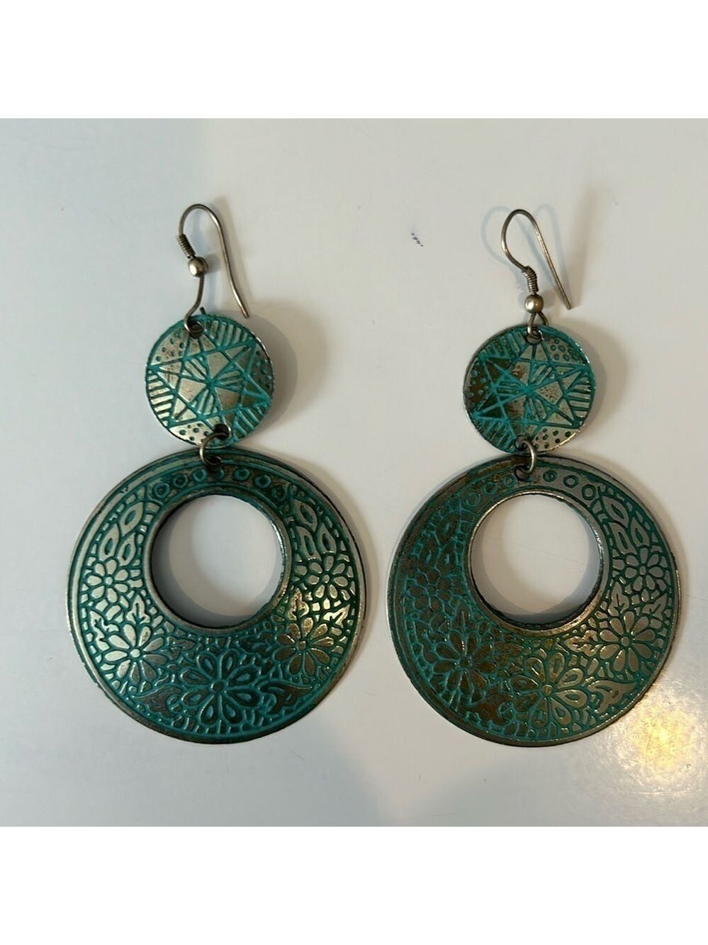 Two Disk Hanging Silver Earrings with Turquoise Engraved Designs